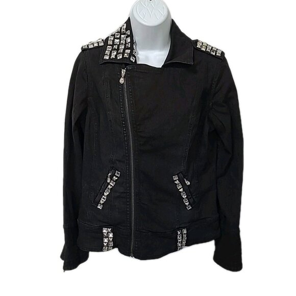 DG2 Moto Jacket M Black Denim Jean Rhinestone Trim Zippers Pockets Epaulets - Picture 1 of 16